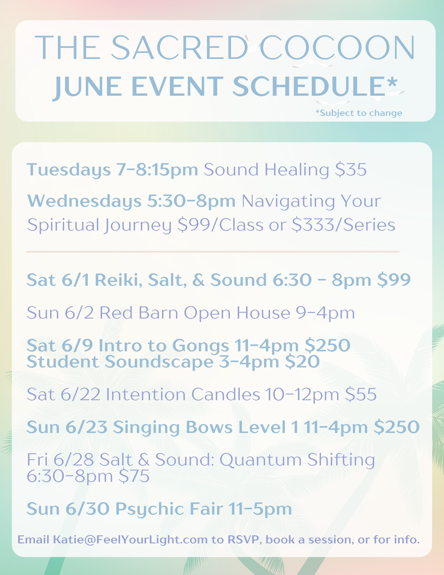 June event schedule flyer for the sacred cocoon